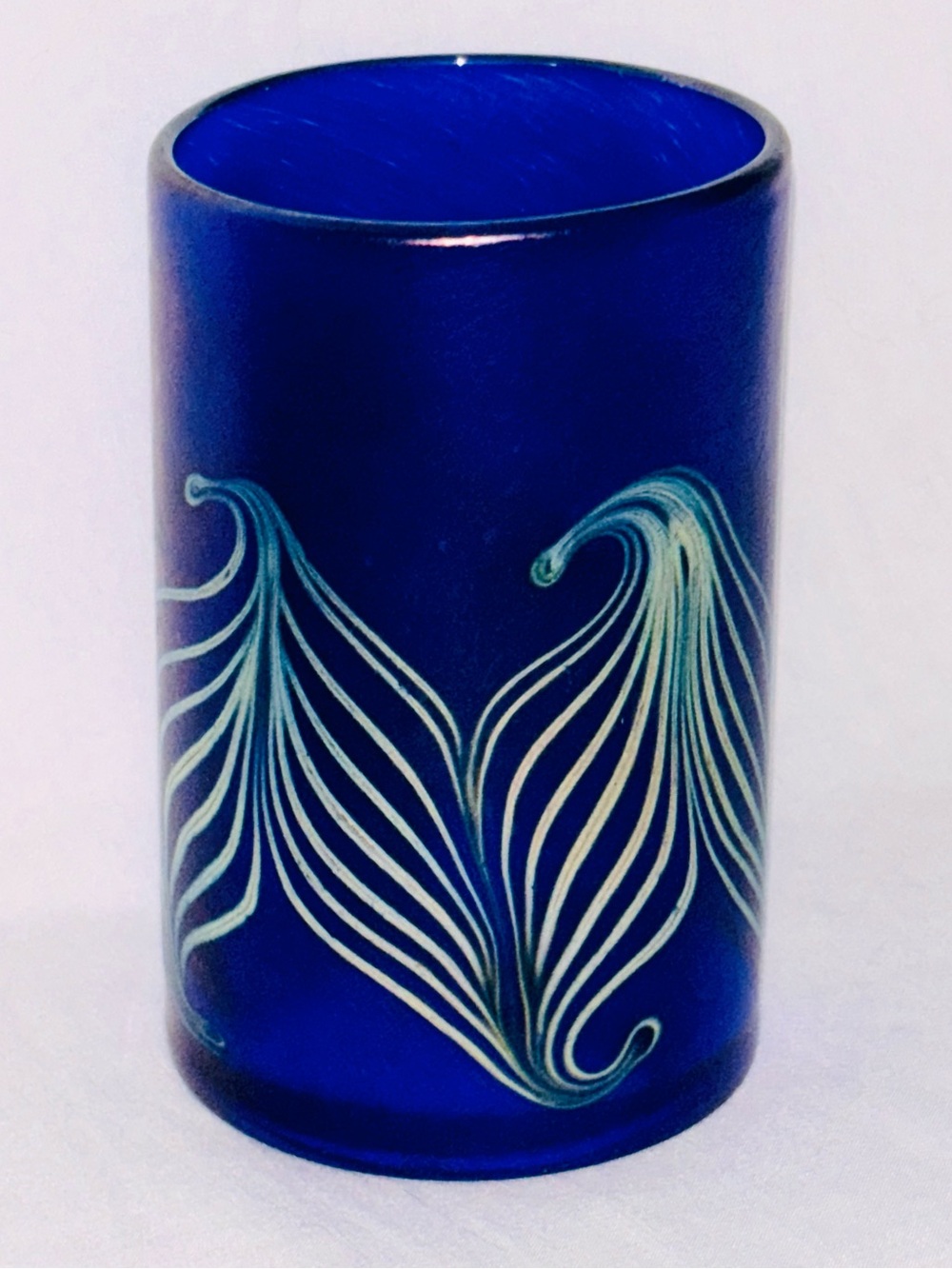 Robert Held Art Glass Pulled Feather Cylinder Vase Iridescent Cobalt Blue